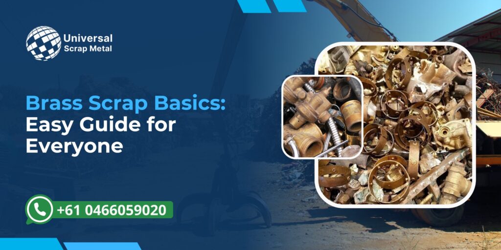 Universal Scrap Metal blog banner showing brass scrap pieces with text 'Brass Scrap Basics: Easy Guide for Everyone