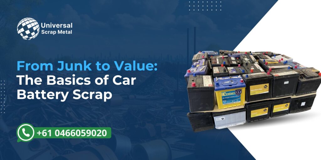 Blog post banner – From Junk to Value: The Basics of Car Battery Scrap. Stack of used car batteries ready for recycling and cash returns in Perth.