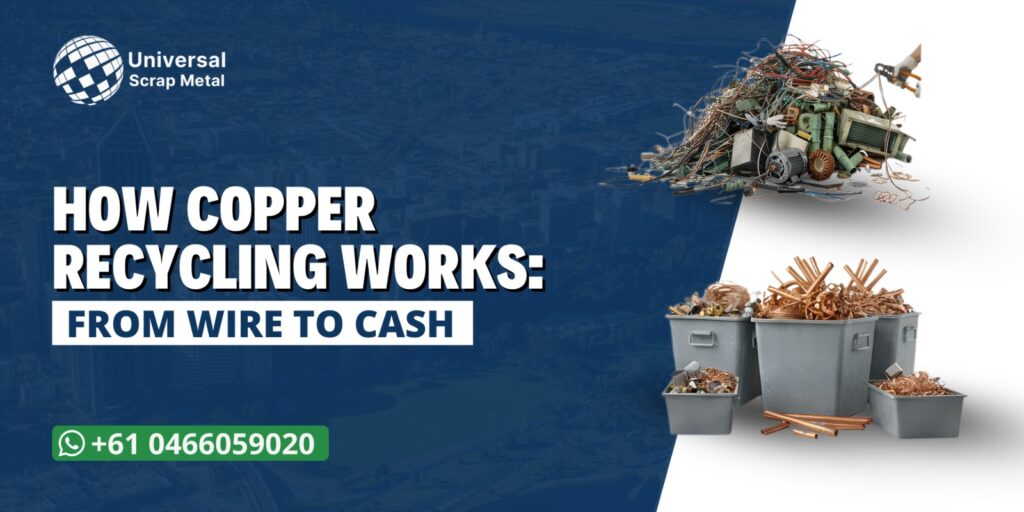 How copper recycling works infographic showing scrap metal wires and cleaned copper ready for recycling by Universal Scrap Metal Perth.