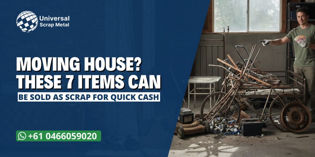 Promotional banner for Universal Scrap Metal showing a man standing in a garage with a pile of old metal items such as pipes, wheels, and scrap parts. The text reads ‘Moving house? These 7 items can be sold as scrap for quick cash
