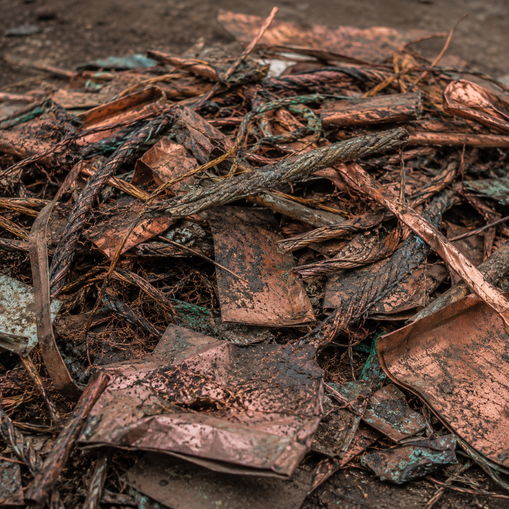 Dirty copper scrap with tangled wires, damaged copper sheets, and corroded metal pieces