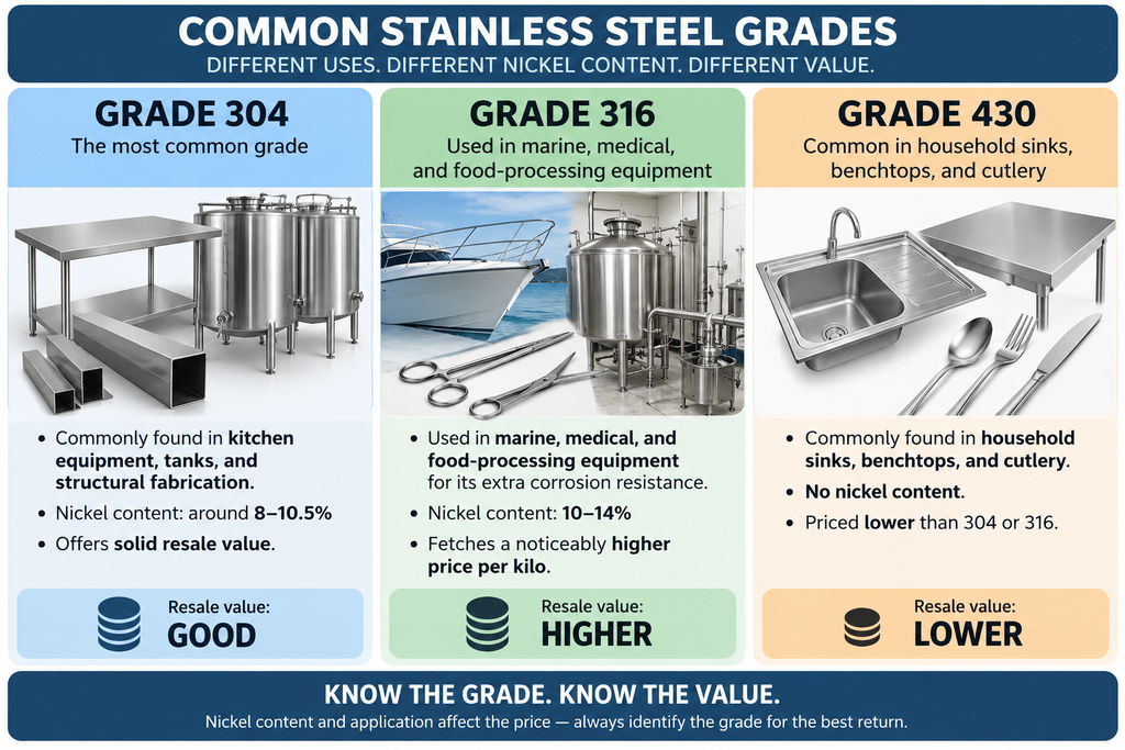 Infographic comparing stainless steel grades 304, 316, and 430, showing common applications, nickel content, and relative resale value.