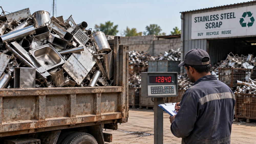 Universal Scrap Metal recycling yard with stainless steel scrap loaded in a large container while a worker records the weight on an industrial scale.